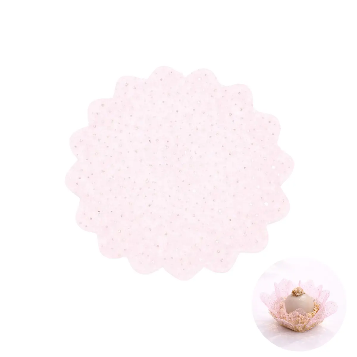 tullerose_perledoree Le tulle rose à pois sublimera vos pâtisseries orientales.