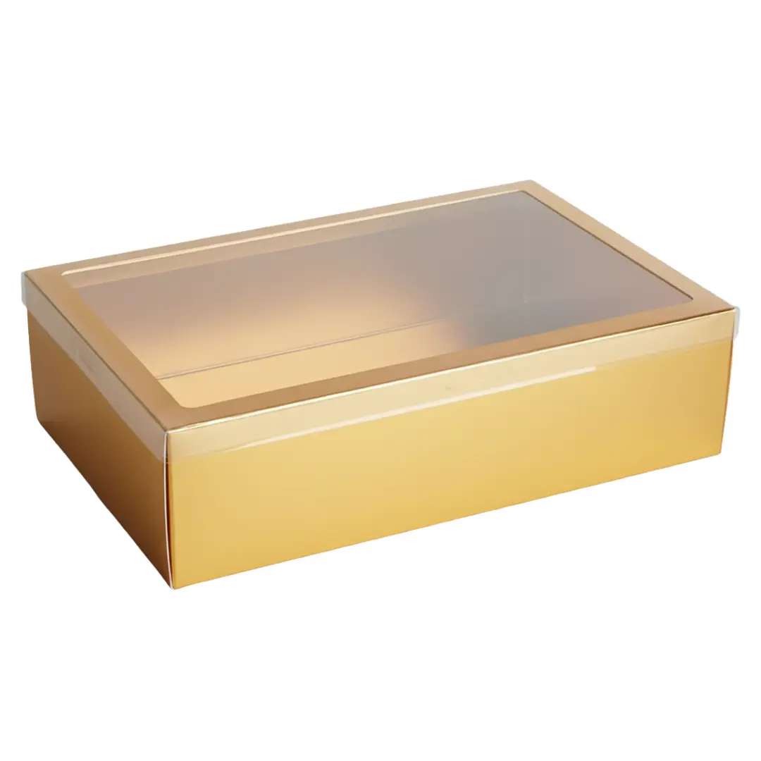 boite transparente à offrir rectangle doré 40X30 cm Boîte à offrir 40x30 cm en carton rigide doréavec couvercle transparent