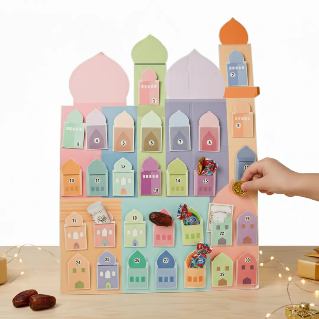 calendrier du ramadan Calendrier du Ramadan décoratif avec 30 cases à soufflet, maisons orientales pastel, pour enfants et familles.