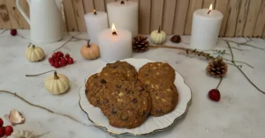 Cookies moelleux à la carotte et aux épices Funcakes, garnis de pépites de chocolat et de noix, présentés dans une ambiance automnale avec bougies et mini-citrouilles – recette Perle Dorée