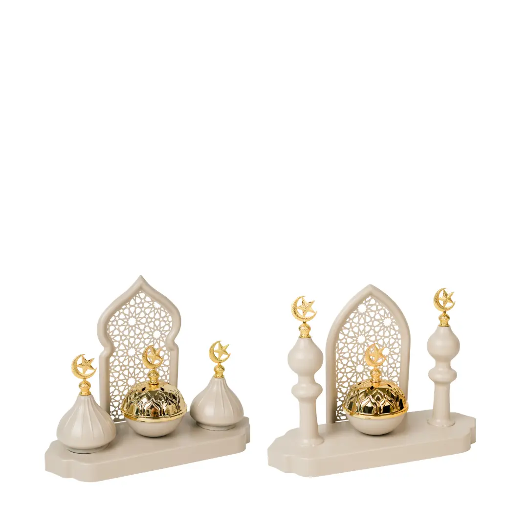 decoration mabkhara sama greige Décoration mabkhara Ramadan Sama greige avec détails dorés, modèle minaret et dôme
