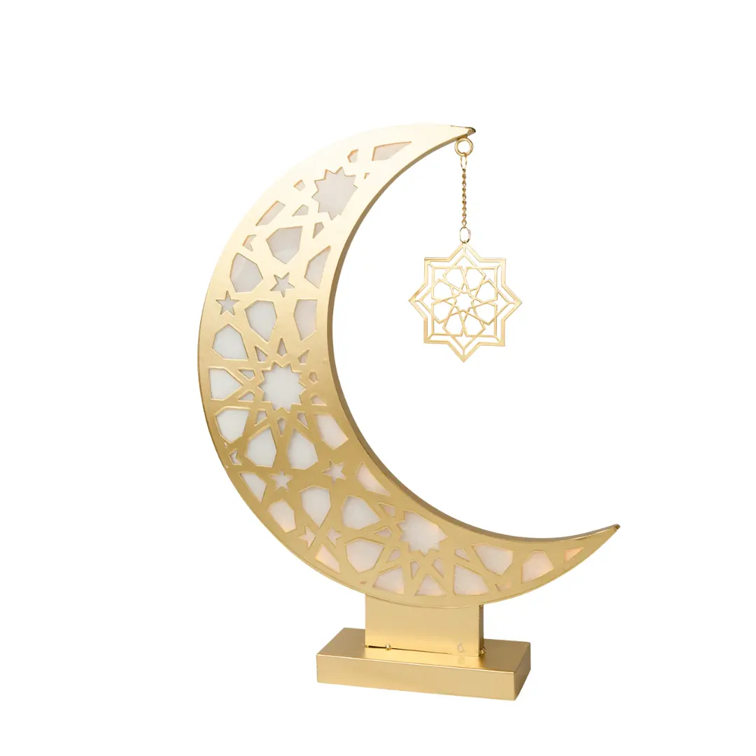 lanterne kamar or grande Lanterne lumineuse Ramadan en métal en forme de croissant ajouré avec pendentif étoile, éclairage LED doux, coloris crème.