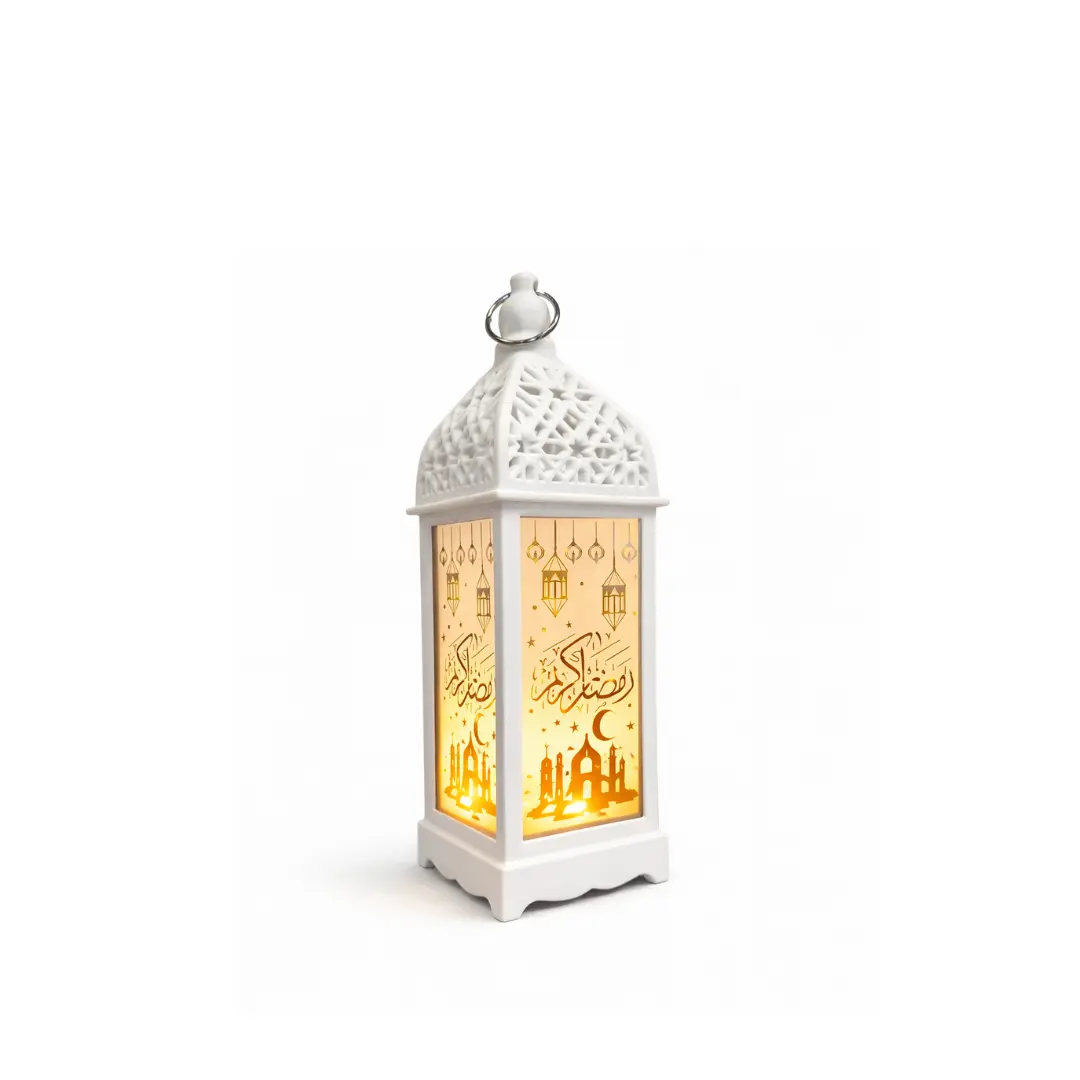 lanterne lumineuse blanc grande Lanterne lumineuse Ramadan Kareem blanche avec éclairage LED et motifs orientaux ajourés.