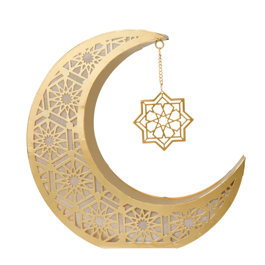 lanterne lumineuse hilal doré grande Décoration lumineuse Ramadan Hilal doré en métal, lanterne LED en forme de croissant, ambiance douce et élégante.
