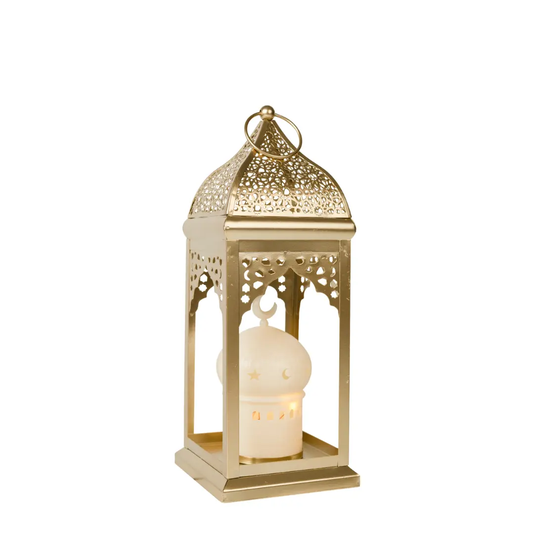 lanterne lumineuse layali or Lanterne lumineuse Ramadan Layali en métal avec LED, coupole élégante, coloris crème et or.