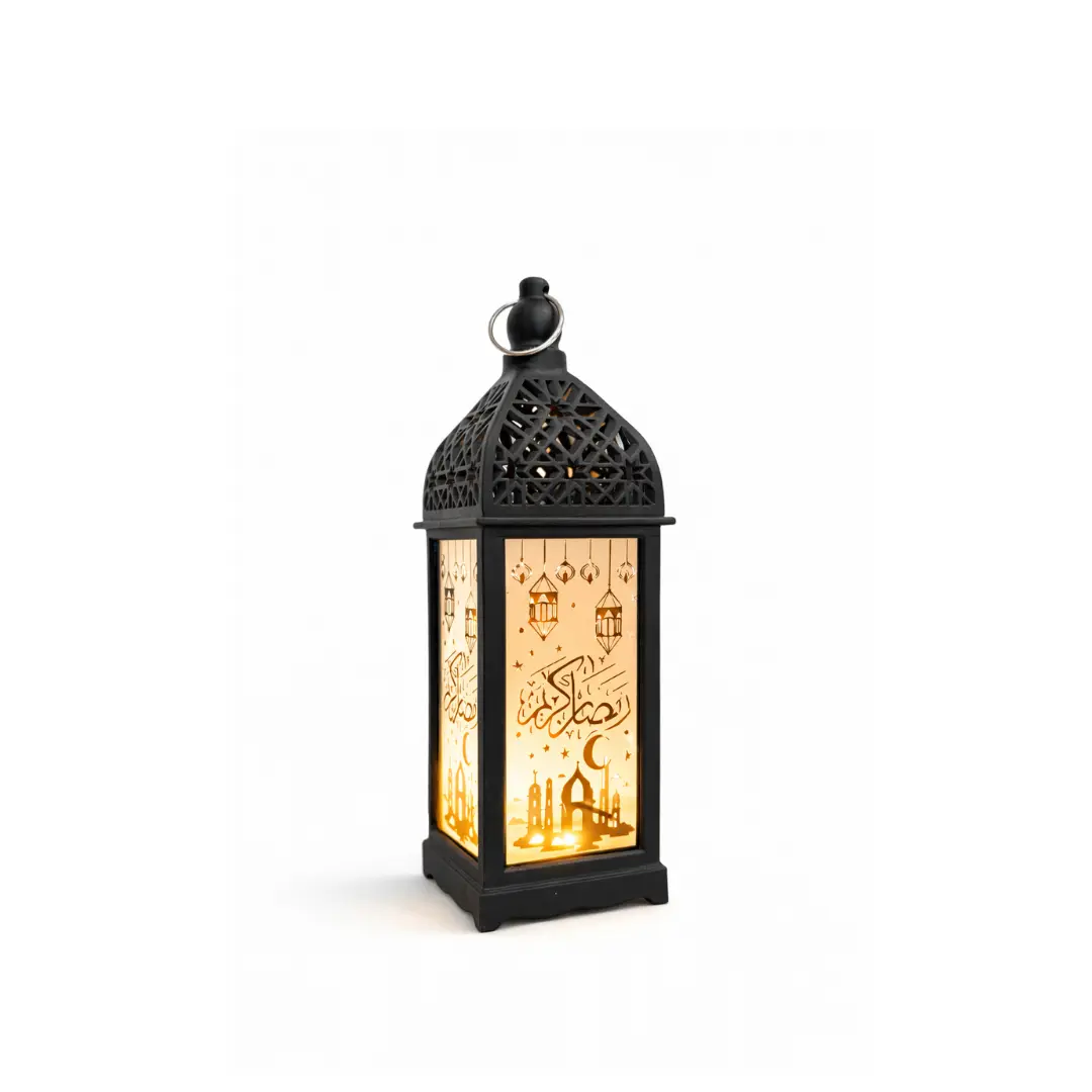 lanterne lumineuse noire grande Lanterne lumineuse Ramadan Kareem noire avec lumière LED chaude et motifs orientaux ajourés