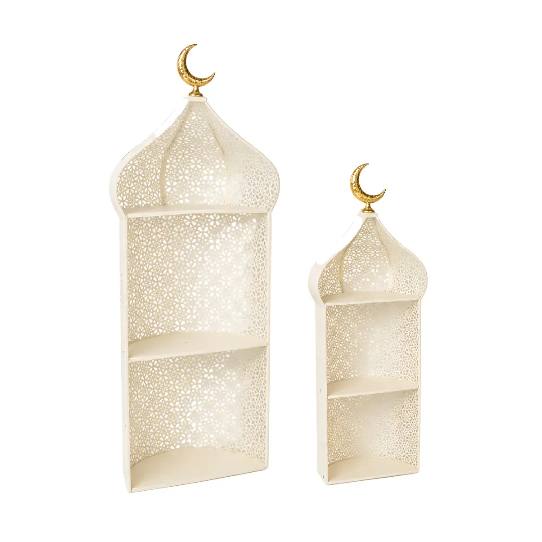 presentoir blanc creme qafas lot de 2 Présentoir décoratif Qafas crème en métal ajouré à trois étages, design cage orientale avec dos courbé et dôme.